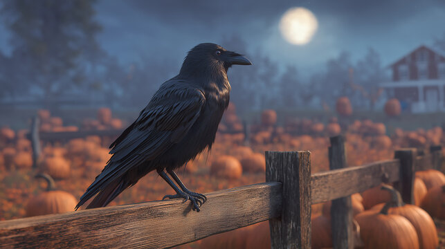 Crow on fence with pumpkins night spooky