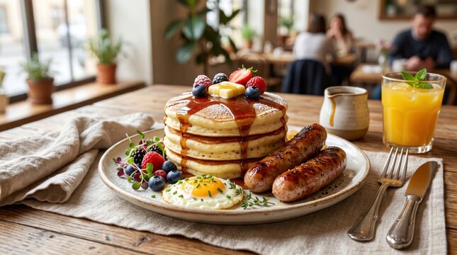 Stack of fluffy buttermilk pancakes topped with butter and maple syrup served with grilled sausages, a fried egg, and fresh berries on a rustic wooden table in a sunlit cafe during brunch.