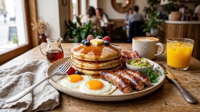 Delicious stack of fluffy pancakes with melting butter and fresh berries served alongside sunny side up eggs grilled sausages and orange juice in a bright warm rustic cafe morning setting.