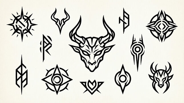 Tribal horned beast head logo with geometric line art symbols and abstract mystical glyphs for modern minimal branding.
