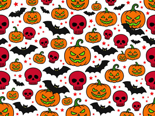 Fototapeta premium Seamless Halloween Pattern with Jack-o'-lanterns, Bats, and Skulls