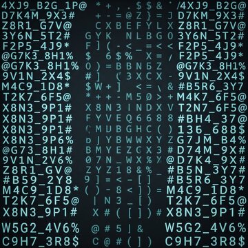 Monospaced data grid with glowing cyan terminal characters