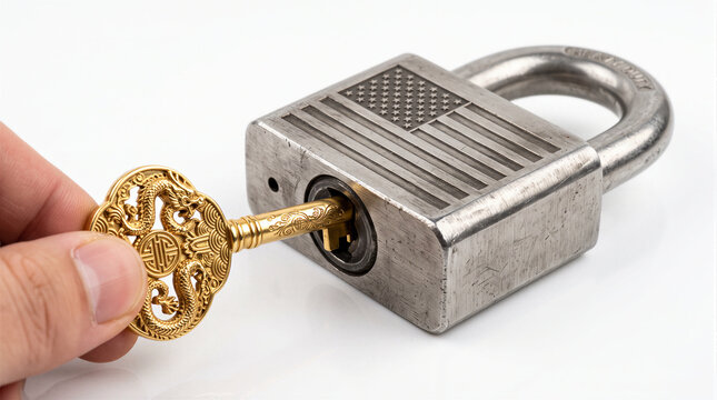 Ornate golden dragon key unlocking a padlock engraved with the USA flag, conceptual image representing China gaining control, geopolitical power shift, and opening American markets.
