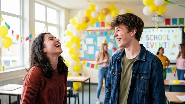 Two teenagers laughing and giving a high five in a decorated classroom. High school students celebrating a school event with balloons. Friendship and success concept
