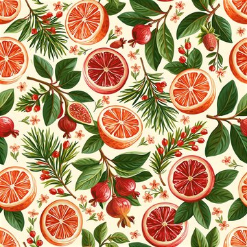 Colorful hand painted citrus and pomegranate seamless pattern