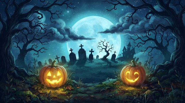 Spooky halloween night background featuring glowing jack o lanterns in a dark graveyard under a full moon