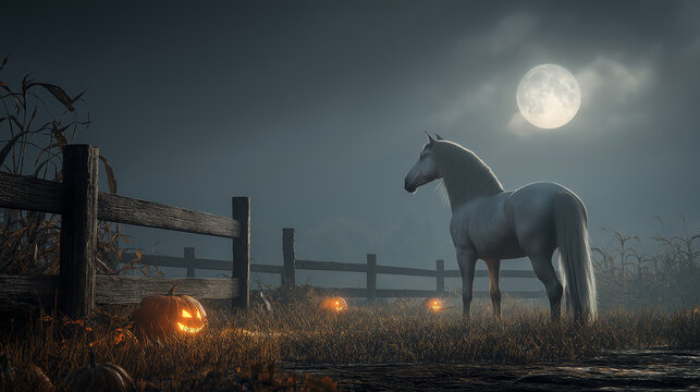 White horse in field with pumpkins and full moon