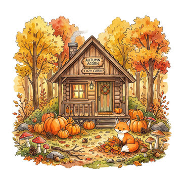 Woodland Autumn Watercolor Cabin House