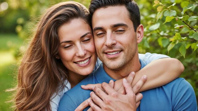 Close-up portrait of a happy young couple outdoors. Woman affectionately hugging man from behind while both smile at the camera. Romantic relationship concept