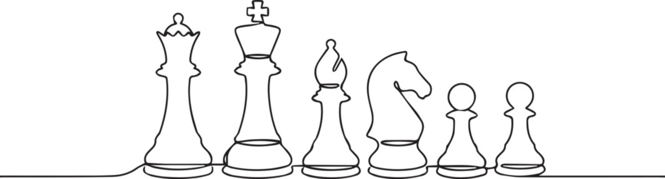 Continuous single line drawing of a set of chess pieces standing in a row on a white background