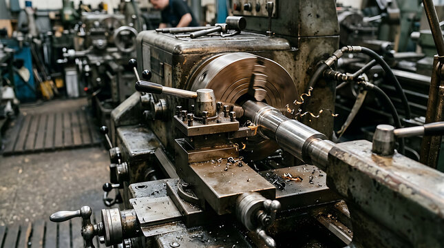 Vintage industrial lathe machine in workshop setting.