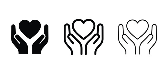 Set of hands holding a heart icon care, love and charity symbol linear and solid style vector icons © Creative SA