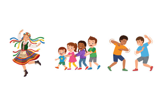 Set of cartoon illustrations featuring a Polish folk dancer and diverse children playing and dancing together
