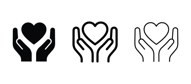 Set of hands holding a heart icon care, love and charity symbol linear and solid style vector icons