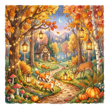 Woodland Autumn Watercolor Red Fox 