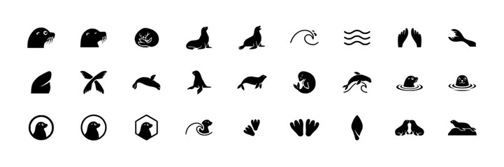 Fototapeta premium Seal icons set with harbor seal sea lion featuring head, flipper, wave, silhouette with aquatic animal and marine life