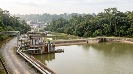 Fototapeta premium Industrial water treatment facility with filtration pools and metal pipelines near green jungle