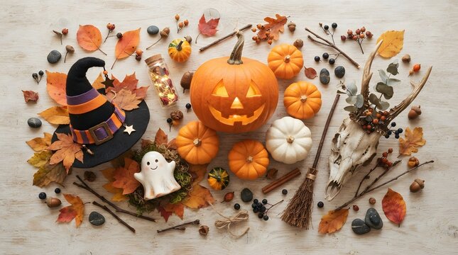 Festive halloween flat lay background featuring carved pumpkins autumn leaves and spooky decorations on a white surface