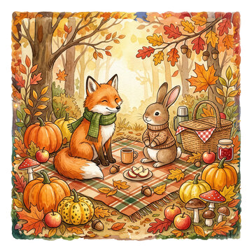 Woodland Autumn Watercolor Red Fox Picnic with Bunny