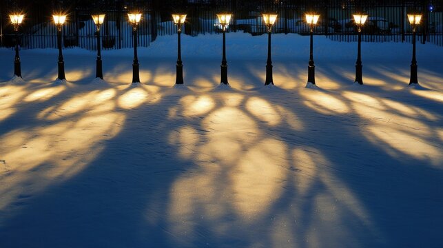 Snowy park at night, illuminated lampposts casting shadows. Winter landscape, serene scene, ideal for travel brochures