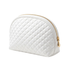 Elegant white quilted makeup cosmetic bag with luxury golden zipper hardware displaying a stylish fashion accessory design on transparent background © Muhammed