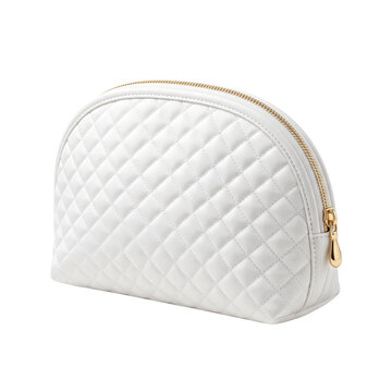 Elegant white quilted makeup cosmetic bag with luxury golden zipper hardware displaying a stylish fashion accessory design on transparent background