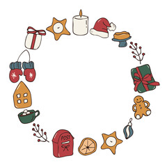 Fototapeta premium Hand drawn colorful Christmas wreath frame template vector doodle illustration