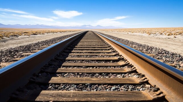 Railway tracks stretching into the distance across a desert landscape