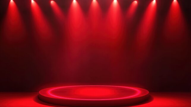 Red stage with spotlights and illuminated podium