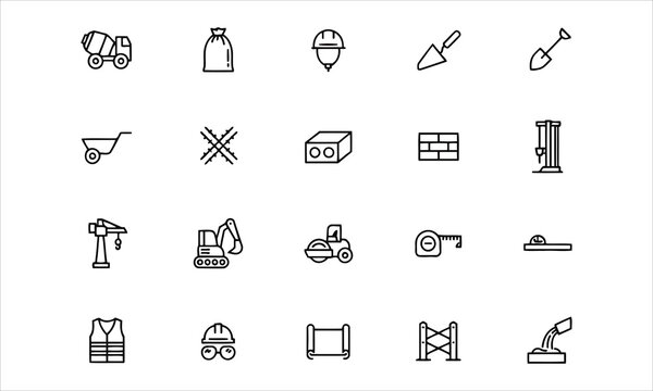 Set outline icons related to concrete. Linear icon collection. Editable stroke. Vector illustration
