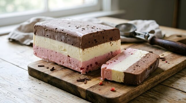 Neapolitan ice cream block showing chocolate vanilla and strawberry layers on wooden board photography