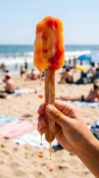 Orange and red layered popsicle melting on a stick at the beach with ocean background photography