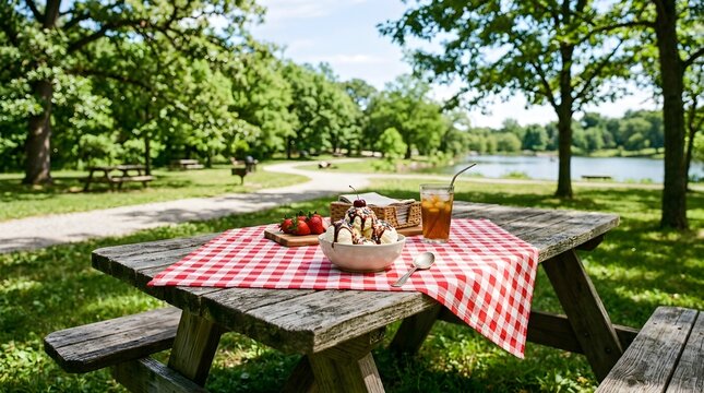 Picnic table with ice cream and iced tea in a sunny park by a lake outdoor photography