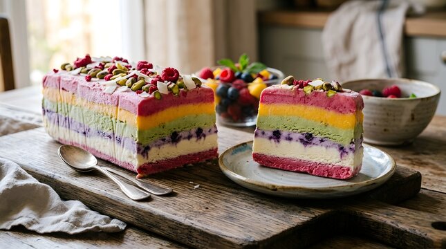 Rainbow layered ice cream cake slice on a plate with fresh berries and pistachios rustic wooden table food photography