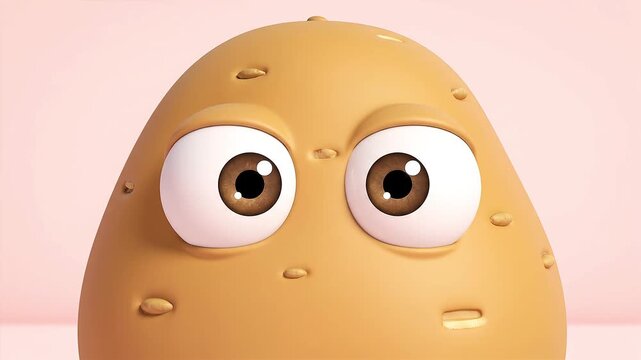 A cute 3D rendered potato character with large expressive brown eyes set against a clean minimalist soft pink background for playful content
