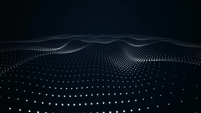Abstract digital landscape with glowing white dots forming a smooth wave pattern on a dark background representing technology and data connection concept 4K Motion Video