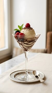 Vanilla ice cream with berries and chocolate drizzle in martini glass elegant dessert photography