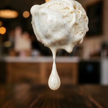 Vanilla ice cream scoop melting with dripping cream in a waffle cone on blurred background photography