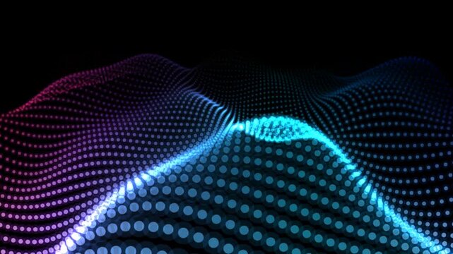 Abstract digital wave background with glowing blue and purple dots forming a smooth flowing mountain landscape pattern for modern technology and science data visualization design 4K Motion Video