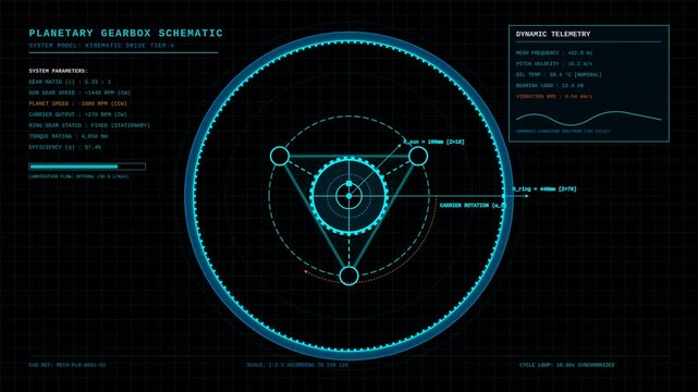 Digital Planetary Gearbox Schematic Animation with Dynamic Telemetry and Engineering Data Display