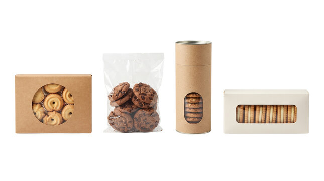 Eco-friendly cookie packaging set, kraft paper boxes and plastic bags for biscuits, sustainable bakery product containers isolated PNG with Transparent Background
