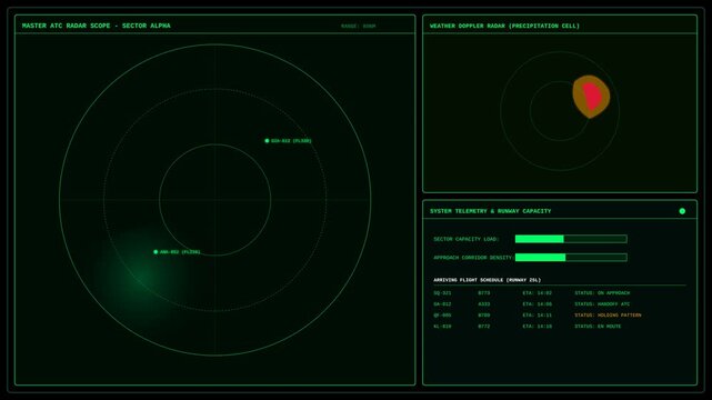 Futuristic Digital Air Traffic Control Radar Screen Display with Weather and Flight Data Interface