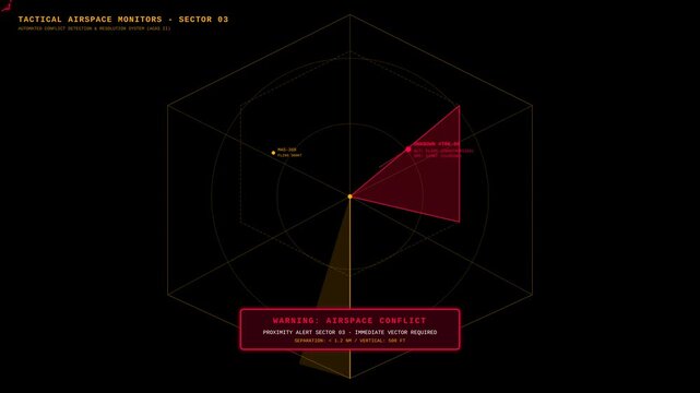 Futuristic Tactical Airspace Monitor Screen Displaying Aircraft Conflict Warning Alert Interface