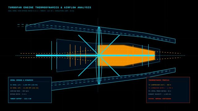 Futuristic Turbofan Engine Thermodynamics and Airflow Analysis Interface HUD Graphic