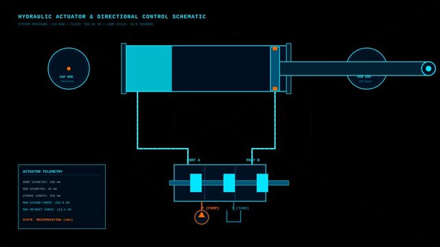 Hydraulic Actuator and Directional Control Valve Schematic Animation with Real Time Telemetry Data
