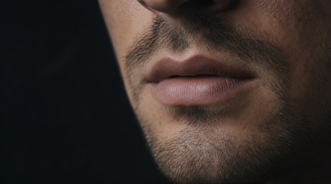 Close-up of a man's lower face showing lips, mustache, and beard stubble against a dark background.