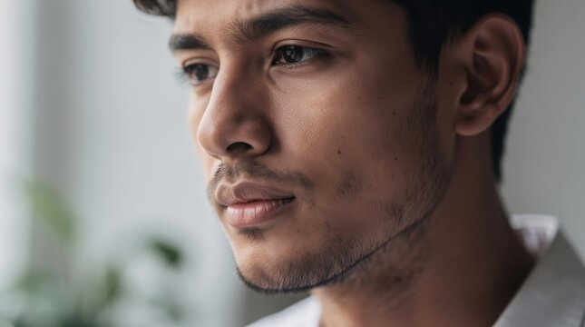 Close-up portrait of a young man with a contemplative expression, looking thoughtfully to the side against a softly blurred background.