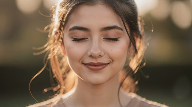 A young woman with closed eyes smiles peacefully, bathed in warm, soft sunlight with a blurred natural background.