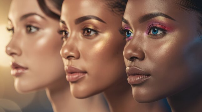Three diverse women with flawless makeup and glowing skin, showcasing beauty and elegance in a close-up profile portrait.