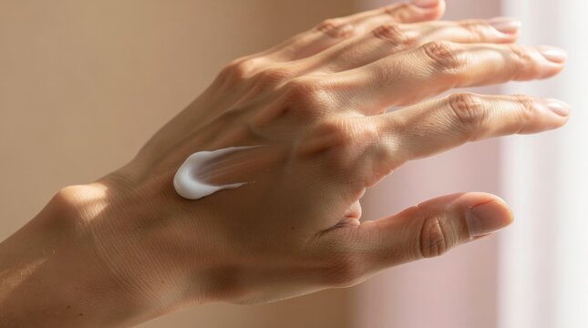 A close-up of a hand with a dollop of white cream being applied to the skin for moisturizing or skincare purposes.